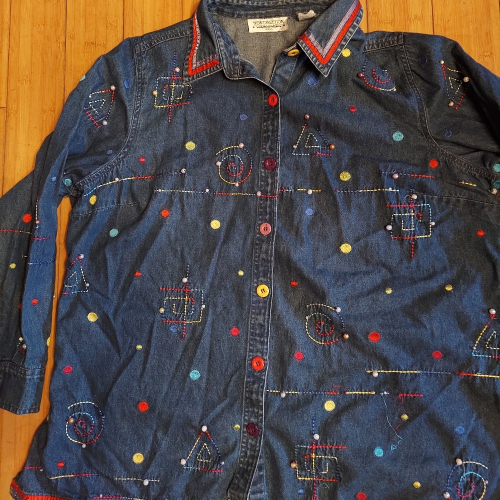 Colorful embroidered denim jean jacket New Direction boho fashion 2xl